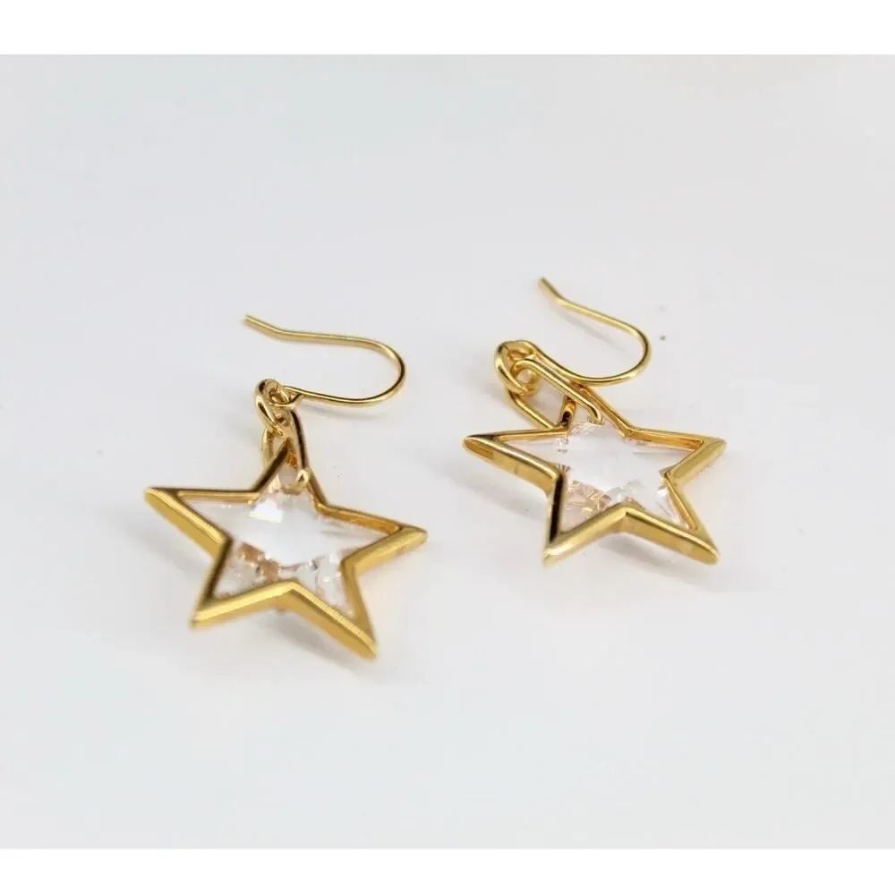 J.Crew Star Drop Earrings Gold Tone Clear Faceted Dangle Hook Celestial Jewelry